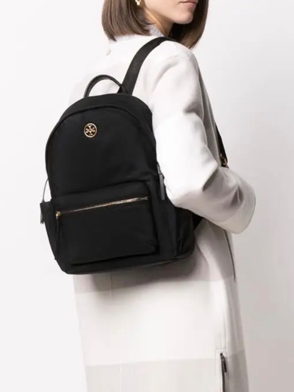Tory Burch Backpack Black Nylon Gold Logo Everyday Piper Travel Bag